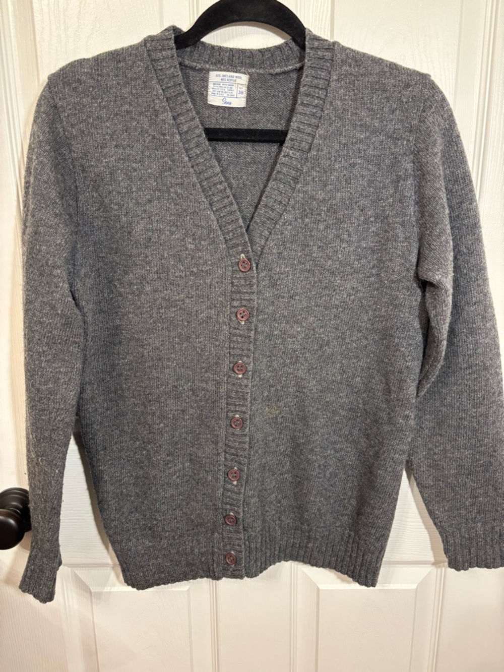 Vintage Sears Shetland Wool Cardigan Gray Button Front Size 38 USA Made